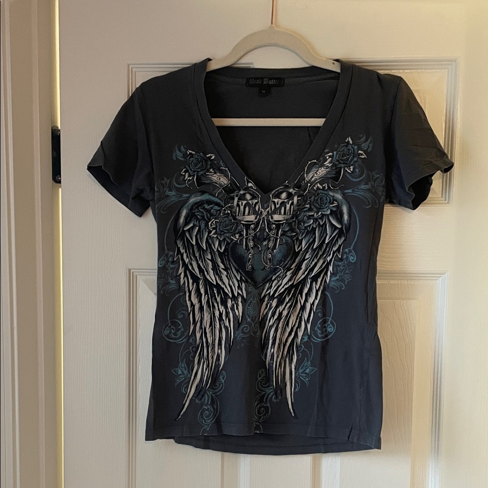 Brad Butter Women’s Gray Graphic V-Neck Tee